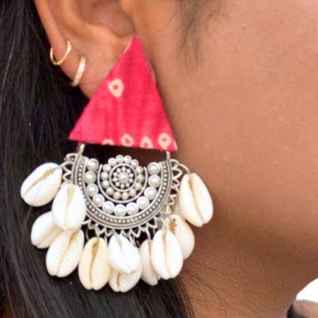 Red Printed Fabric Earrings With Shells